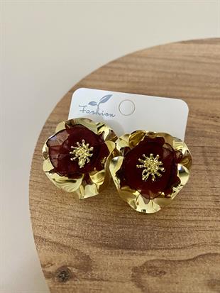 Gold Bordo Tül Detay Tasarım Küpe