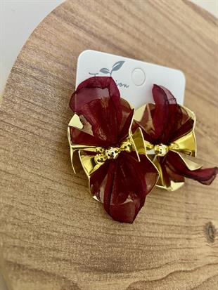 Gold Bordo Tül Detay Tasarım Küpe