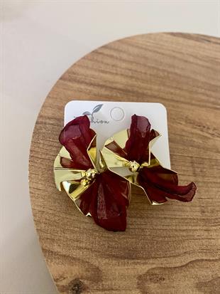 Gold Bordo Tül Detay Tasarım Küpe
