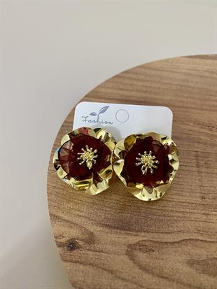 Gold Bordo Tül Detay Tasarım Küpe