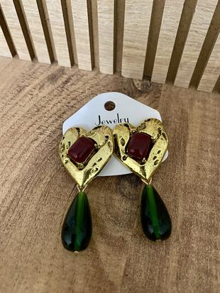 Gold Bordo Yeşil Marka Model Sallantılı Kalp Küpe