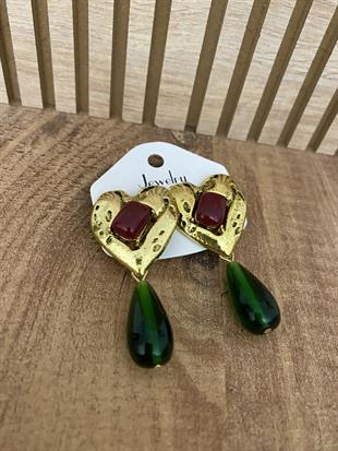 Gold Bordo Yeşil Marka Model Sallantılı Kalp Küpe