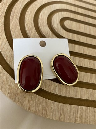 Gold Çerçeveli Bordo Taşlı Küpe 