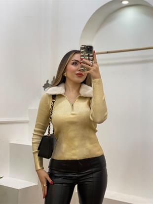 Gold Fermuarlı Kürk Yakalı Triko Bluz