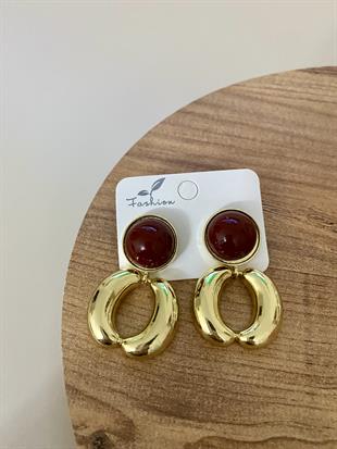 Gold Halka Model Bordo Mineli Küpe 