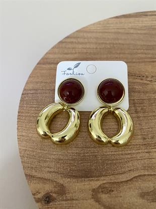 Gold Halka Model Bordo Mineli Küpe 