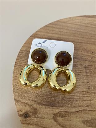 Gold Halka Model Kahve Mineli Küpe 