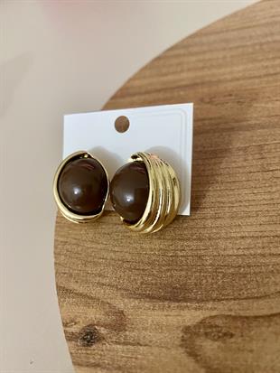 Gold Kahve Mineli Düğme Model Küpe