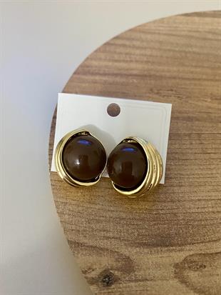Gold Kahve Mineli Düğme Model Küpe