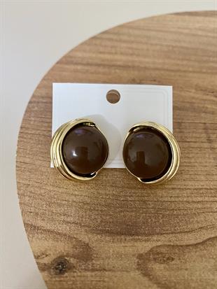 Gold Kahve Mineli Düğme Model Küpe