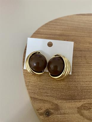 Gold Kahve Mineli Düğme Model Küpe