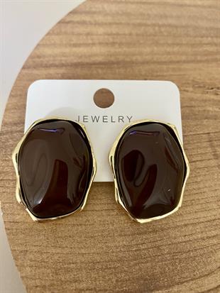 Gold Kahve Mineli Geometrik Küpe 