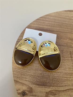 Gold Kahve Oval Plaka Küpe