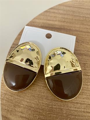 Gold Kahve Oval Plaka Küpe