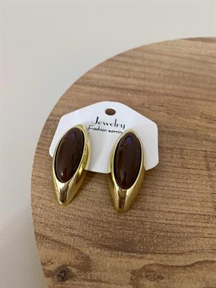 Gold Kahve Taşlı Oval Küpe 