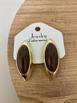 Gold Kahve Taşlı Oval Küpe 