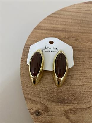 Gold Kahve Taşlı Oval Küpe 