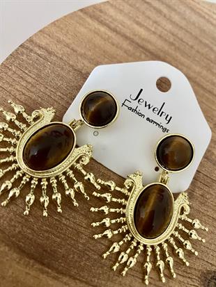 Gold Kahve Taşlı Sallantılı Vintage Küpe