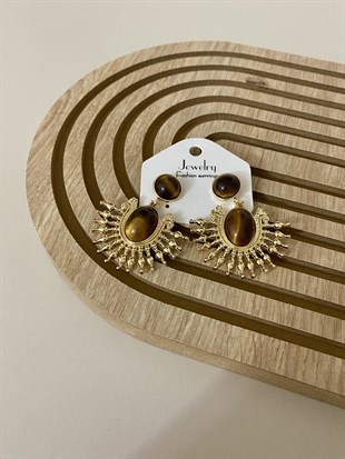 Gold Kahve Taşlı Sallantılı Vintage Küpe