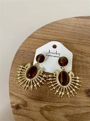 Gold Kahve Taşlı Sallantılı Vintage Küpe
