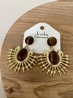 Gold Kahve Taşlı Sallantılı Vintage Küpe
