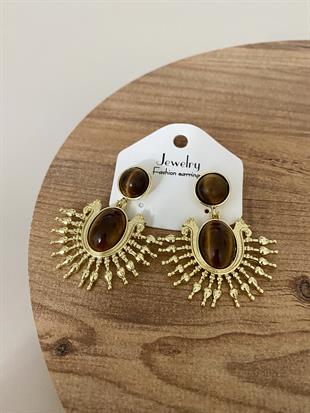 Gold Kahve Taşlı Sallantılı Vintage Küpe