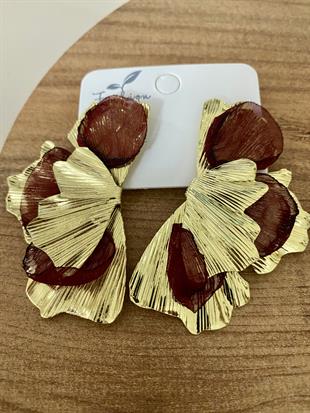 Gold Bordo Tül Detay Tasarım Küpe