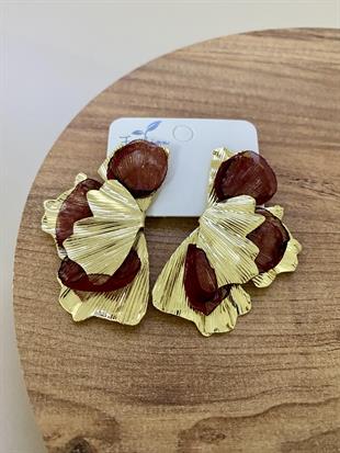 Gold Bordo Tül Detay Tasarım Küpe
