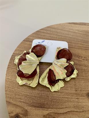 Gold Bordo Tül Detay Tasarım Küpe