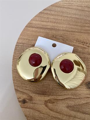 Gold Oval Bordo Mineli Küpe 