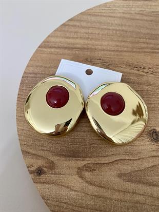 Gold Oval Bordo Mineli Küpe 