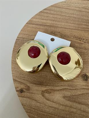 Gold Oval Bordo Mineli Küpe 