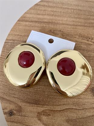 Gold Oval Bordo Mineli Küpe 