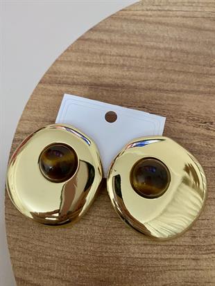 Gold Oval Kahve Mineli Küpe 