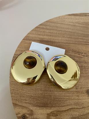 Gold Oval Kahve Mineli Küpe 