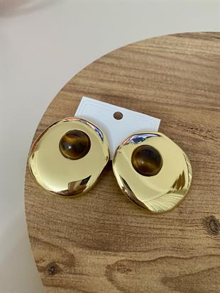 Gold Oval Kahve Mineli Küpe 