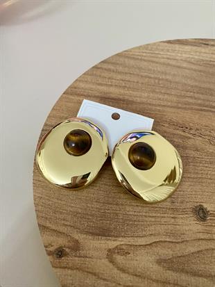 Gold Oval Kahve Mineli Küpe 