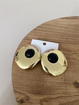 Gold Oval Siyah Mineli Küpe 