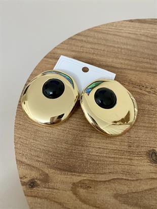 Gold Oval Siyah Mineli Küpe 