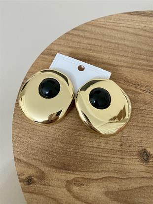 Gold Oval Siyah Mineli Küpe 