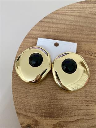 Gold Oval Siyah Mineli Küpe 
