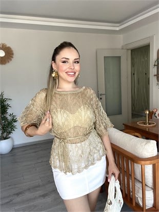 Gold Renk Beli Kuşaklı File Bluz 