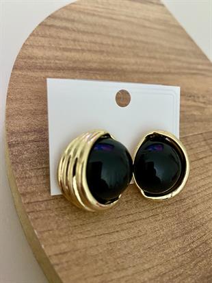 Gold Siyah Mineli Düğme Model Küpe