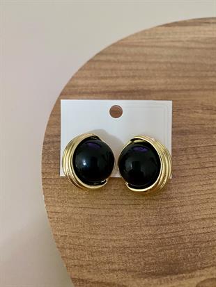 Gold Siyah Mineli Düğme Model Küpe