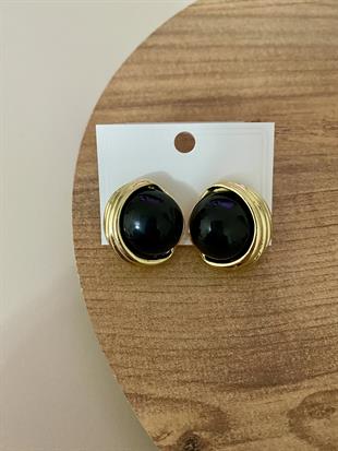 Gold Siyah Mineli Düğme Model Küpe