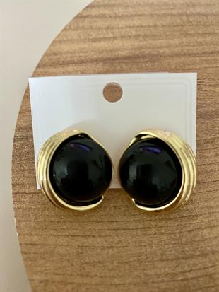 Gold Siyah Mineli Düğme Model Küpe