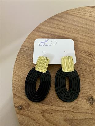 Gold Siyah Oval Küpe 