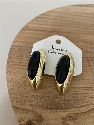 Gold Siyah Taşlı Oval Küpe 