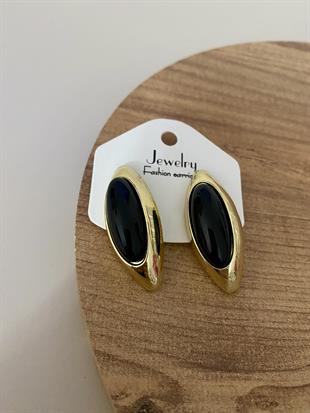 Gold Siyah Taşlı Oval Küpe 