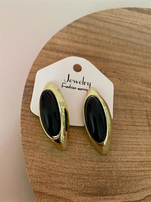 Gold Siyah Taşlı Oval Küpe 